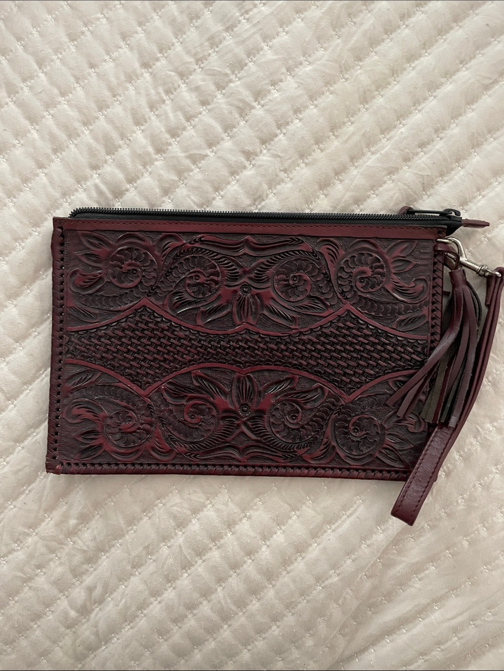 Hand-Tooled Floral Leather Wristlet Clutch in Deep Burgundy
